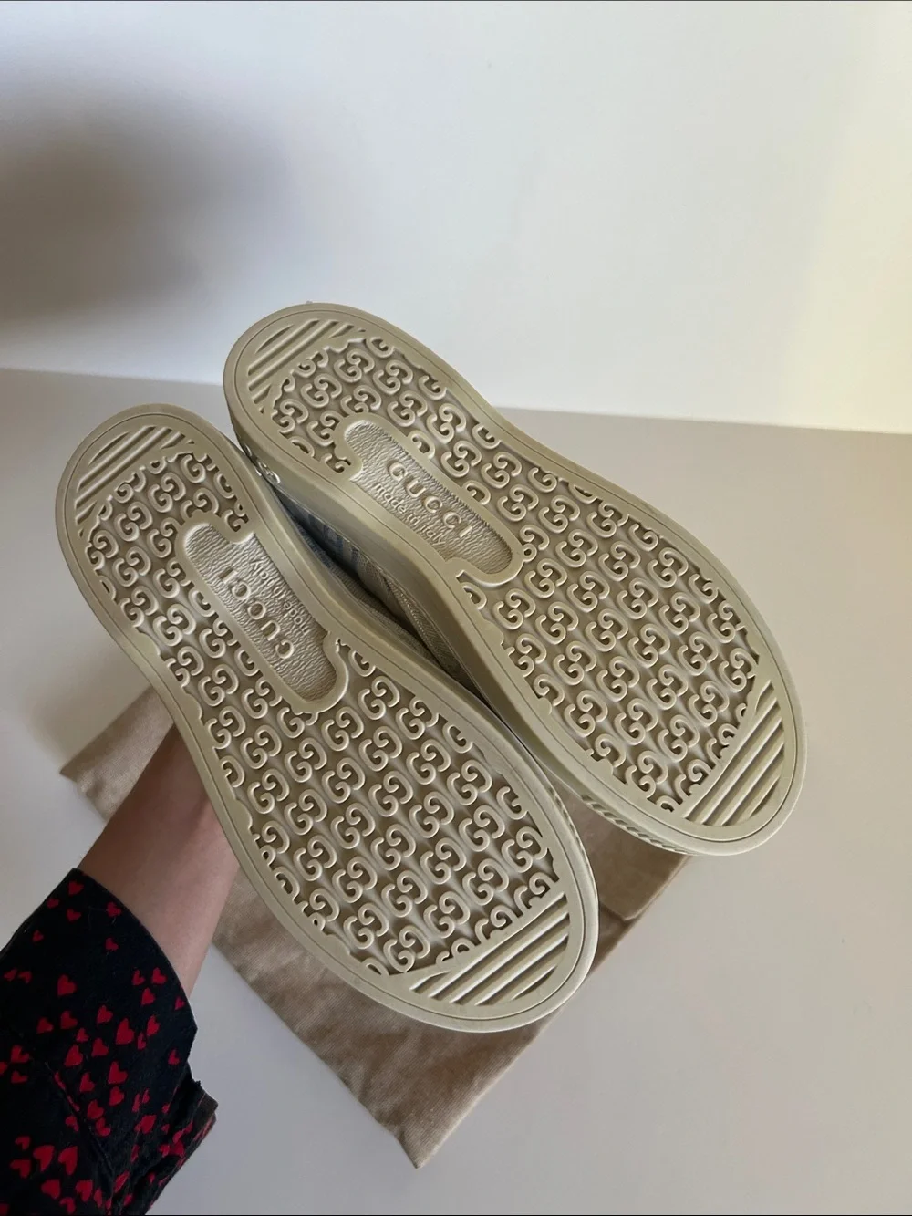 Gucci Ivory Canvas Mary Jane Flats with Pastel Logo Print